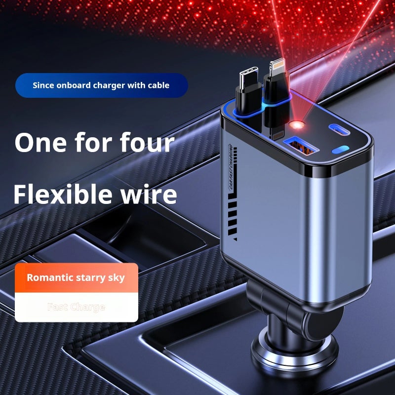 Bluejw DC 12-24V Car Charger, Retractable 4-in-1 Cable, Universal Adapter for Phone, Tablet, Watch & Earphone, Automobile Charger - Image 1